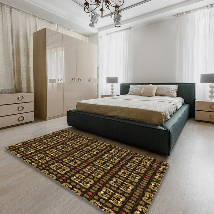 Patterned Black Brown Rug in a Bedroom, pat2500org