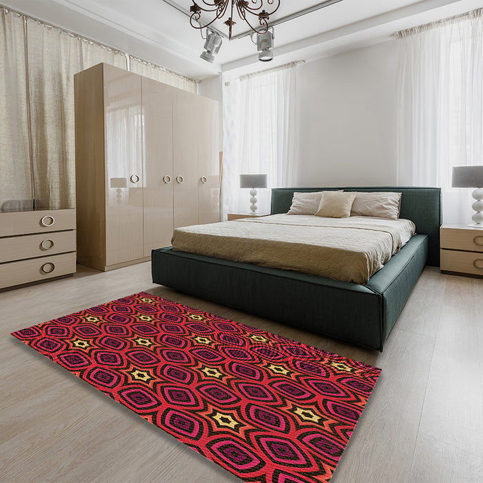 Patterned Red Brown Rug in a Bedroom, pat2505org