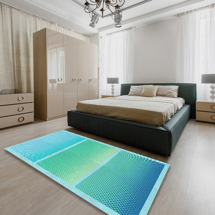 Patterned Dark Turquoise Green Rug in a Bedroom, pat2512lblu