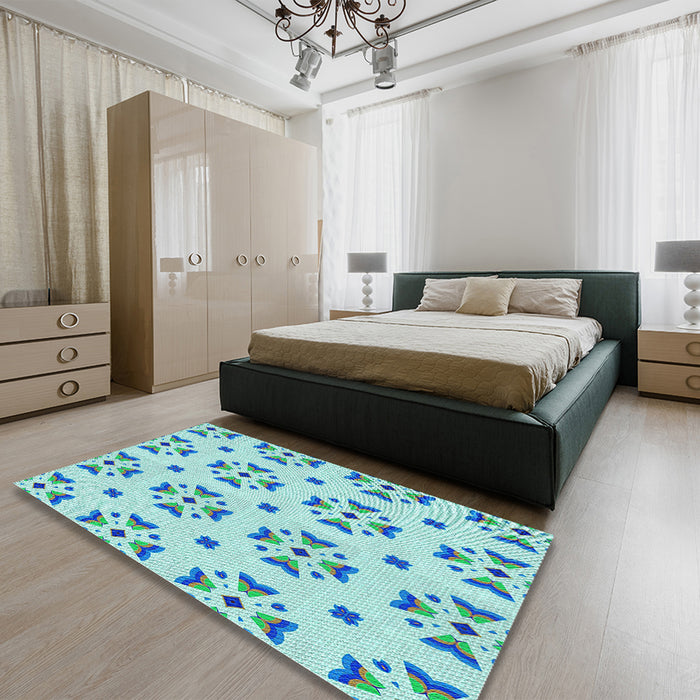 Patterned Aquamarine Green Rug in a Bedroom, pat2518lblu