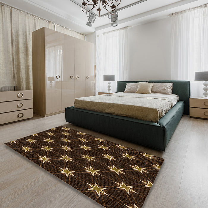 Patterned Saddle Brown Rug in a Bedroom, pat2520org