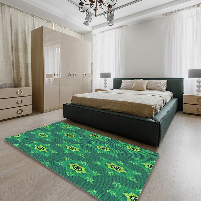 Patterned Medium Teal Green Rug in a Bedroom, pat2521grn