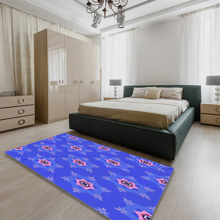 Patterned Light Slate Blue Rug in a Bedroom, pat2521pur