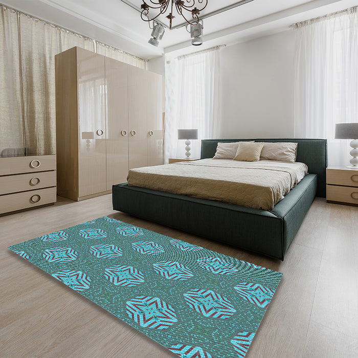 Patterned Bright Turquoise Blue Rug in a Bedroom, pat2531lblu