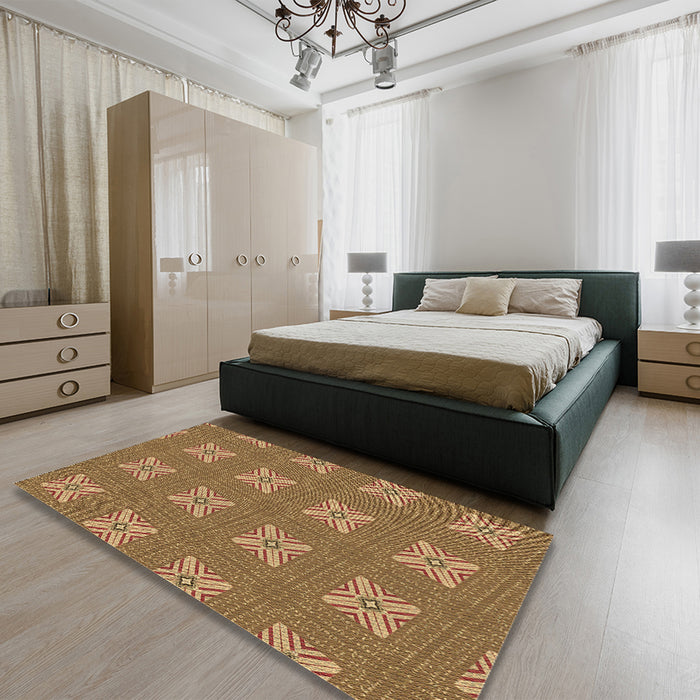 Patterned Saddle Brown Rug in a Bedroom, pat2533brn
