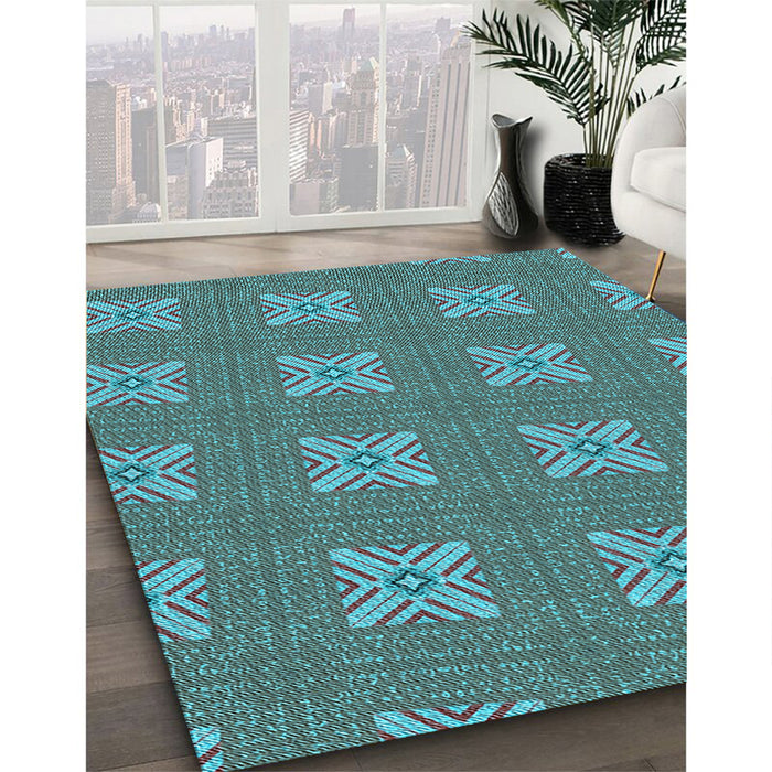 Patterned Dark Turquoise Green Rug in Family Room, pat2533lblu