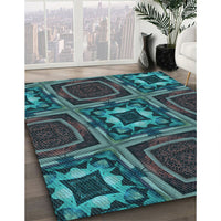Patterned Dark Slate Grey Green Rug, pat2534lblu