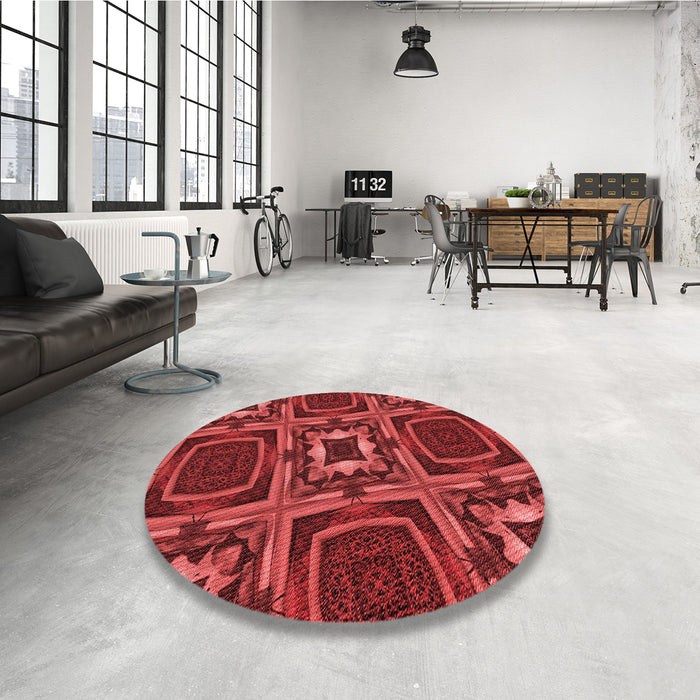 Round Patterned Cranberry Red Rug in a Office, pat2534rd