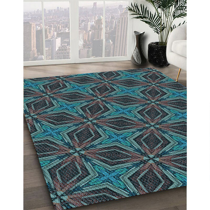 Patterned Deep-Sea Green Rug in Family Room, pat2536lblu