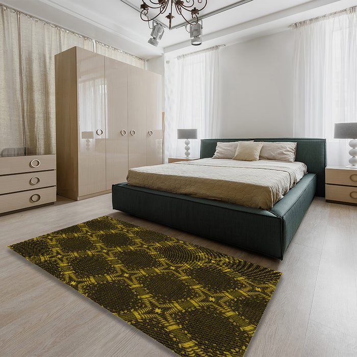 Patterned Dark Bronze Brown Rug in a Bedroom, pat2538yw