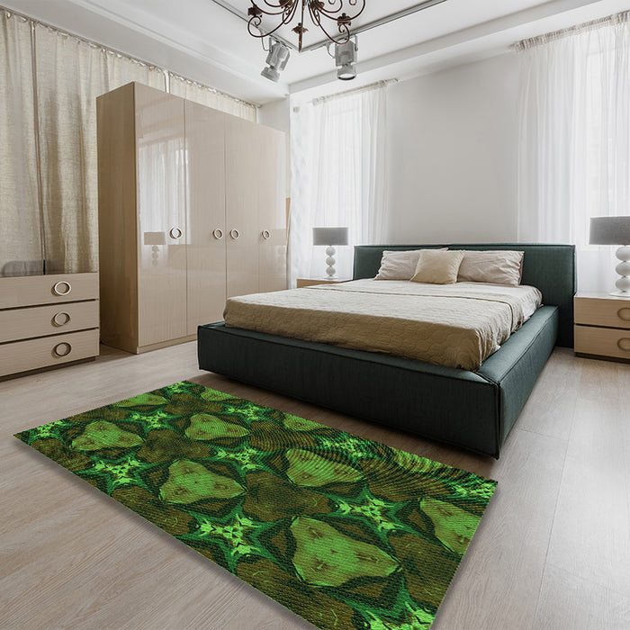 Patterned Dark Lime Green Rug in a Bedroom, pat2539grn