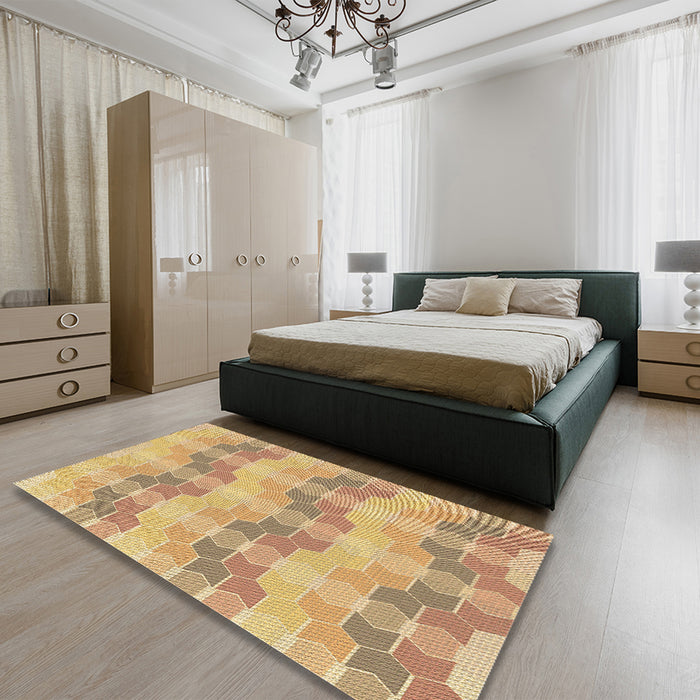 Patterned Chrome Gold Yellow Rug in a Bedroom, pat254brn