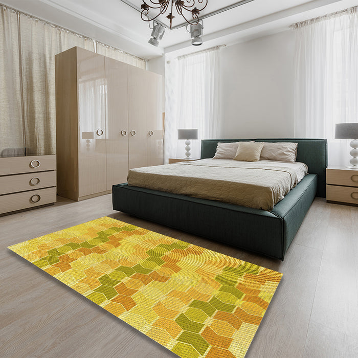 Patterned Yellow Rug in a Bedroom, pat254yw