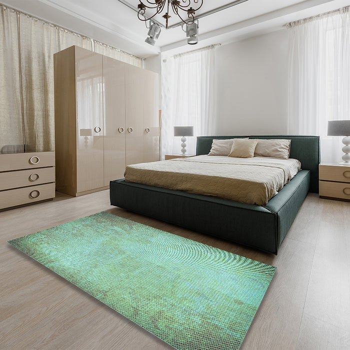 Patterned Forest Green Rug in a Bedroom, pat2546lblu