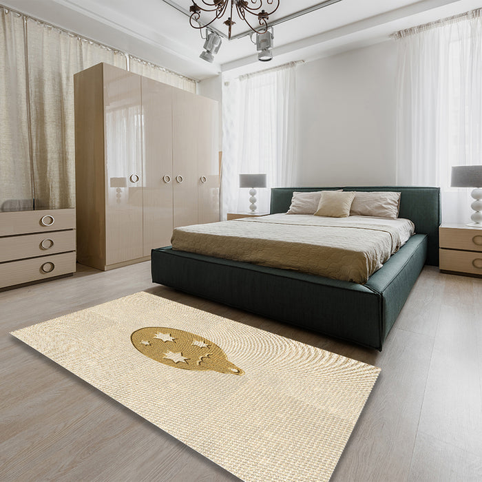 Patterned Moccasin Beige Rug in a Bedroom, pat2551brn