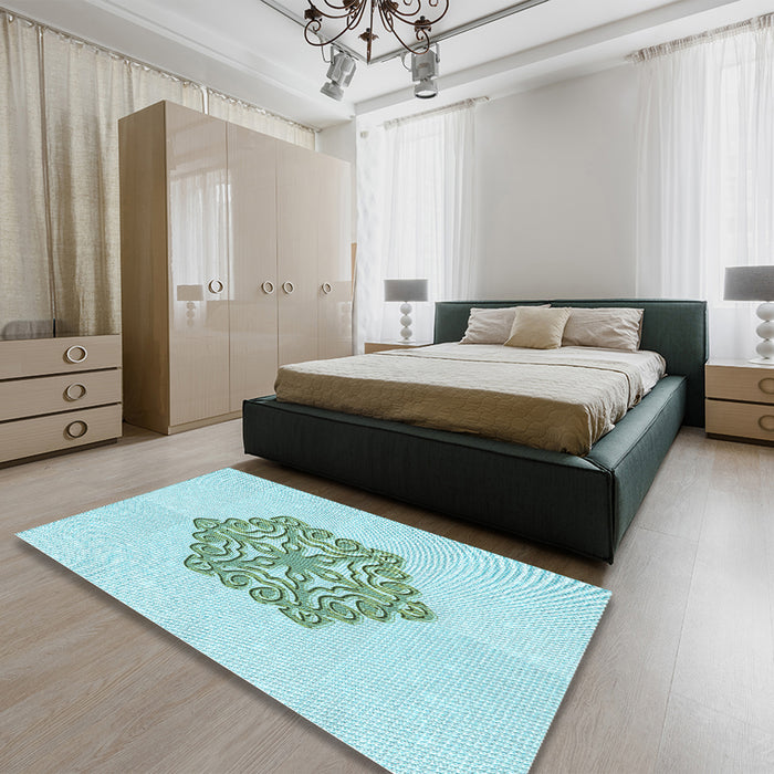 Patterned Medium Turquoise Green Rug in a Bedroom, pat2552lblu