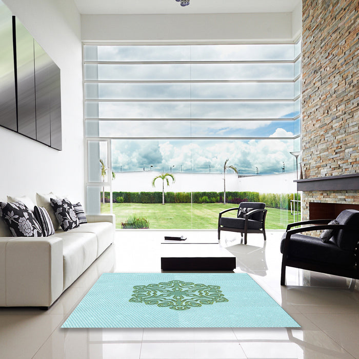 Machine Washable Transitional Medium Turquoise Green Rug in a Kitchen, wshpat2552lblu