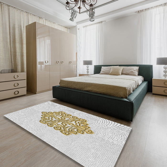 Patterned Pearl White Beige Novelty Rug in a Bedroom, pat2552