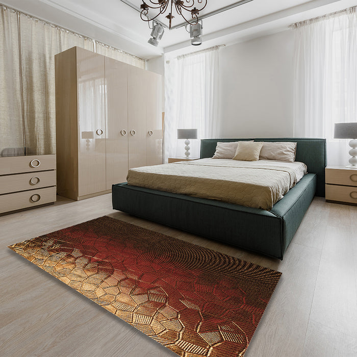 Patterned Mahogany Brown Rug in a Bedroom, pat2554org