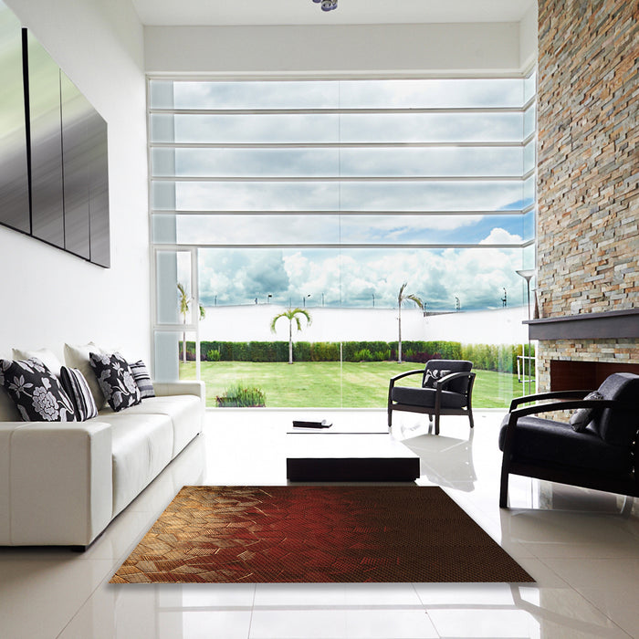 Square Patterned Mahogany Brown Rug in a Living Room, pat2554org