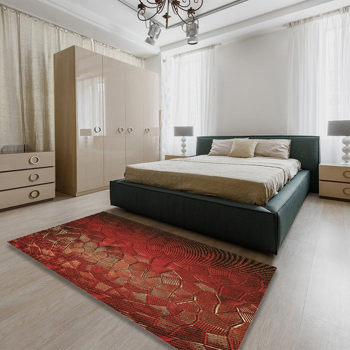 Patterned Mahogany Brown Rug in a Bedroom, pat2555org