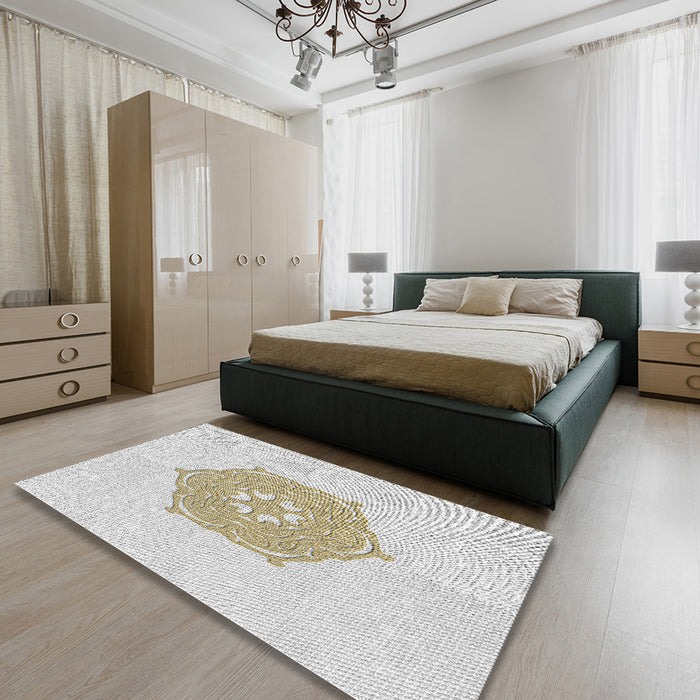 Machine Washable Transitional Pearl White Beige Rug in a Bedroom, wshpat2558