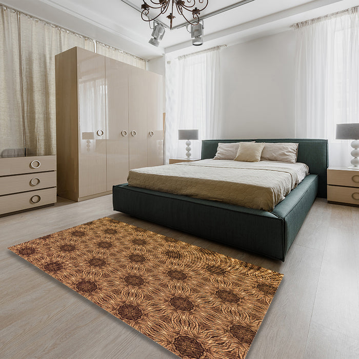 Patterned Red Brown Rug in a Bedroom, pat2559org
