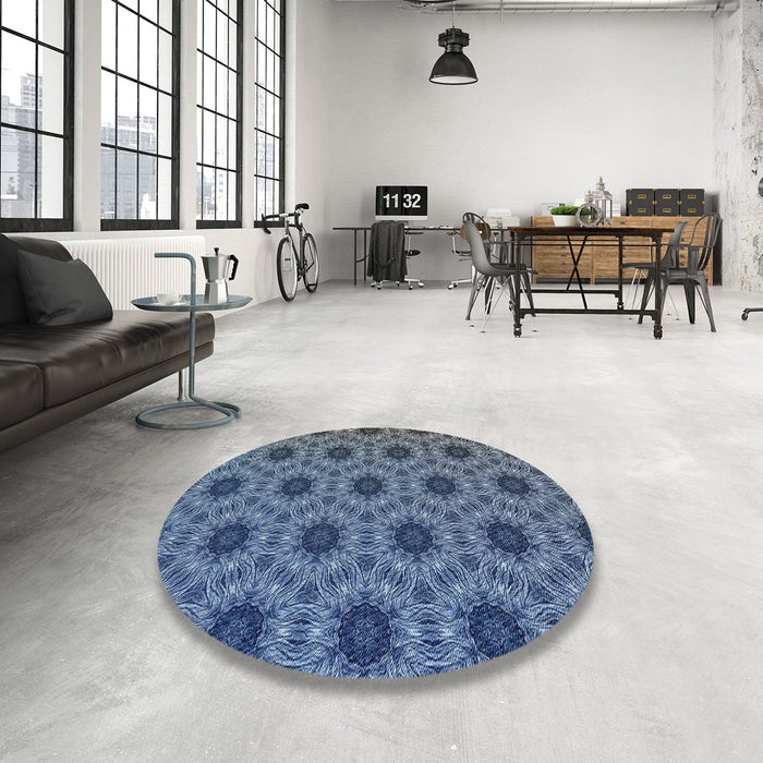 Round Machine Washable Transitional Lapis Blue Rug in a Office, wshpat2559
