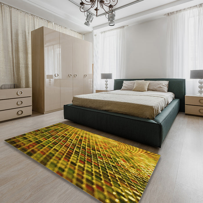Patterned Dark Bronze Brown Rug in a Bedroom, pat2561yw
