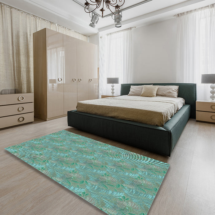Patterned Dull-Sea Green Rug in a Bedroom, pat2574lblu