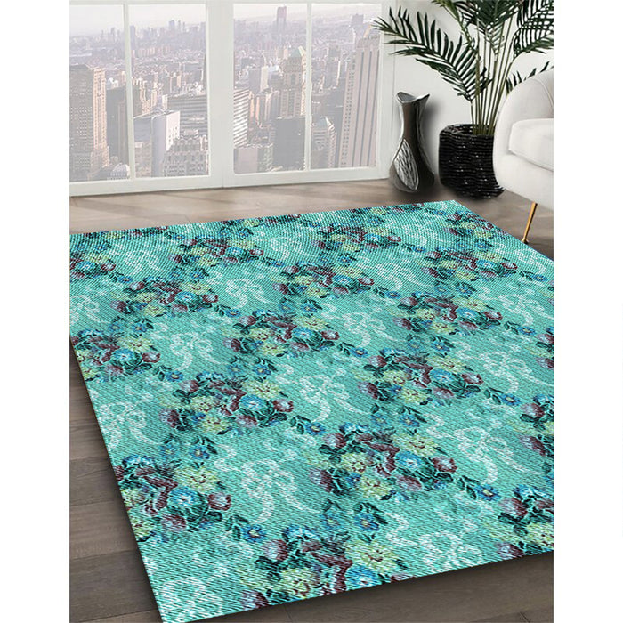 Patterned Turquoise Green Rug in Family Room, pat2575lblu