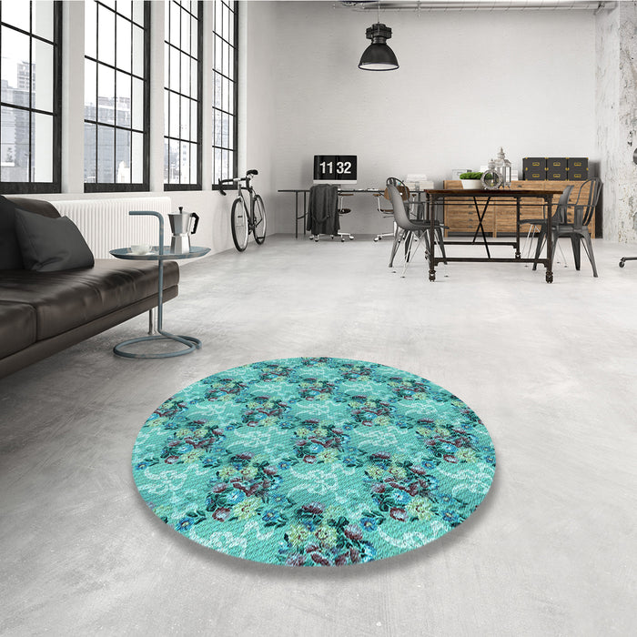 Round Patterned Turquoise Green Rug in a Office, pat2575lblu