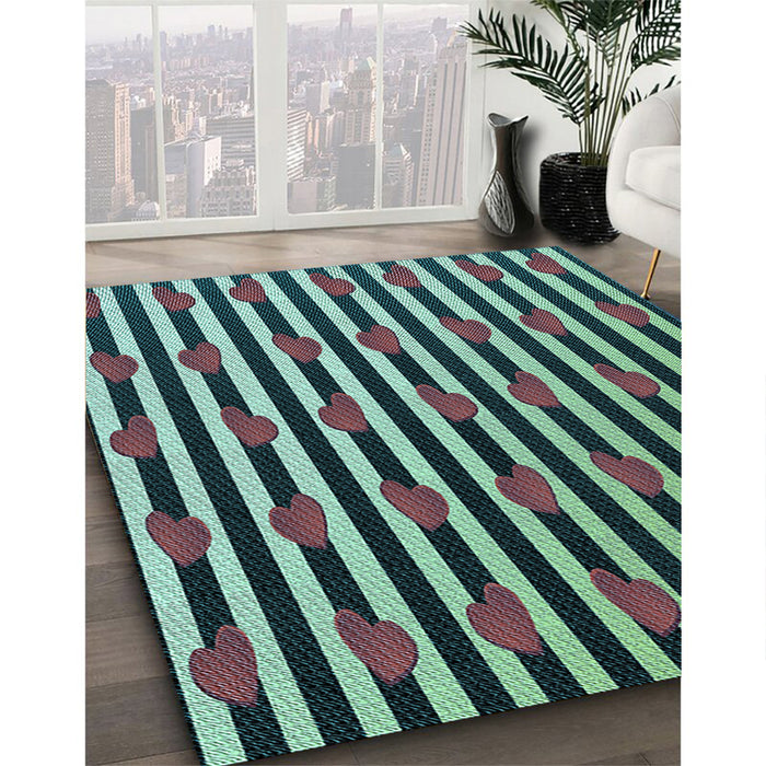 Patterned Gunmetal Green Rug in Family Room, pat2581lblu