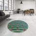 Round Patterned Gunmetal Green Rug in a Office, pat2581lblu