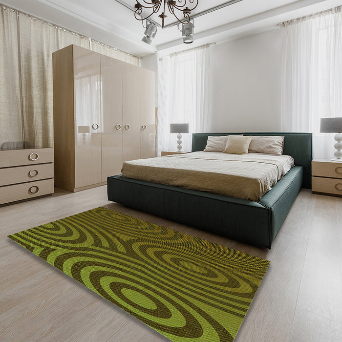 Patterned Olive Green Rug in a Bedroom, pat2585grn