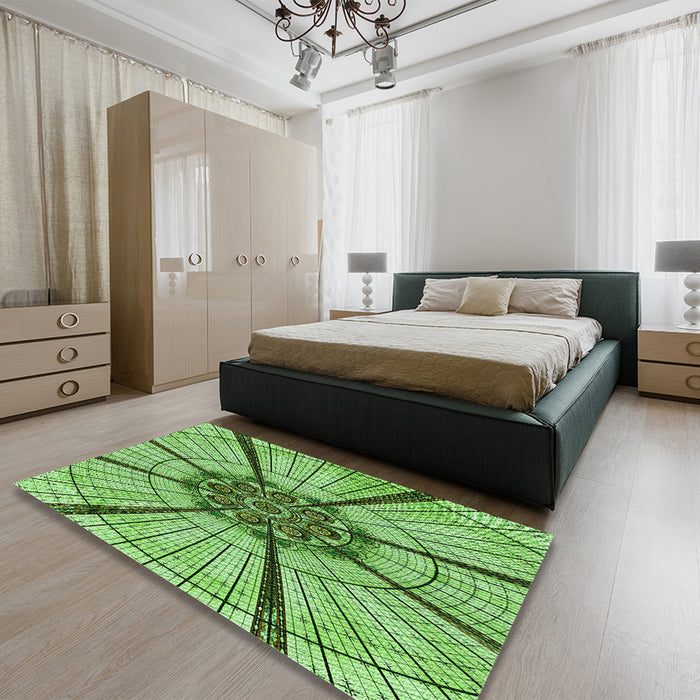 Patterned Yellow Green Rug in a Bedroom, pat2587grn