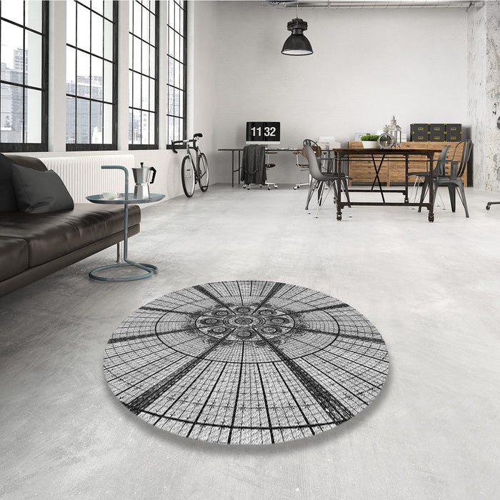 Round Patterned Platinum Silver Gray Rug in a Office, pat2587gry