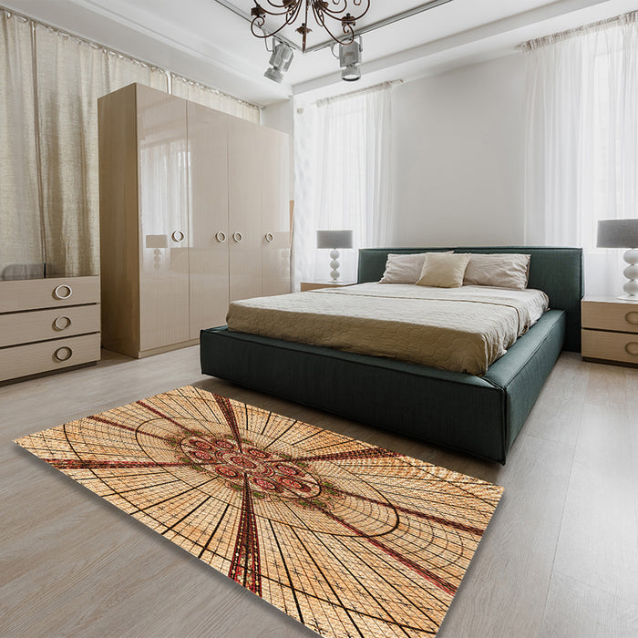 Patterned Mahogany Brown Rug in a Bedroom, pat2587org