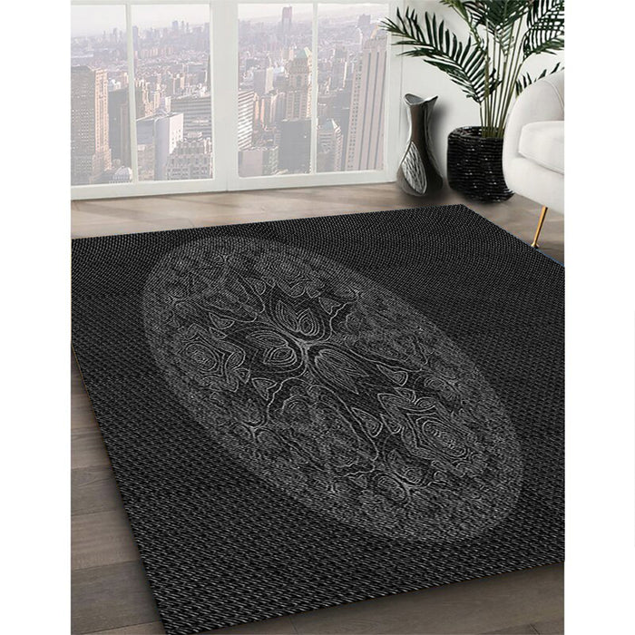 Patterned Black Rug in Family Room, pat259gry
