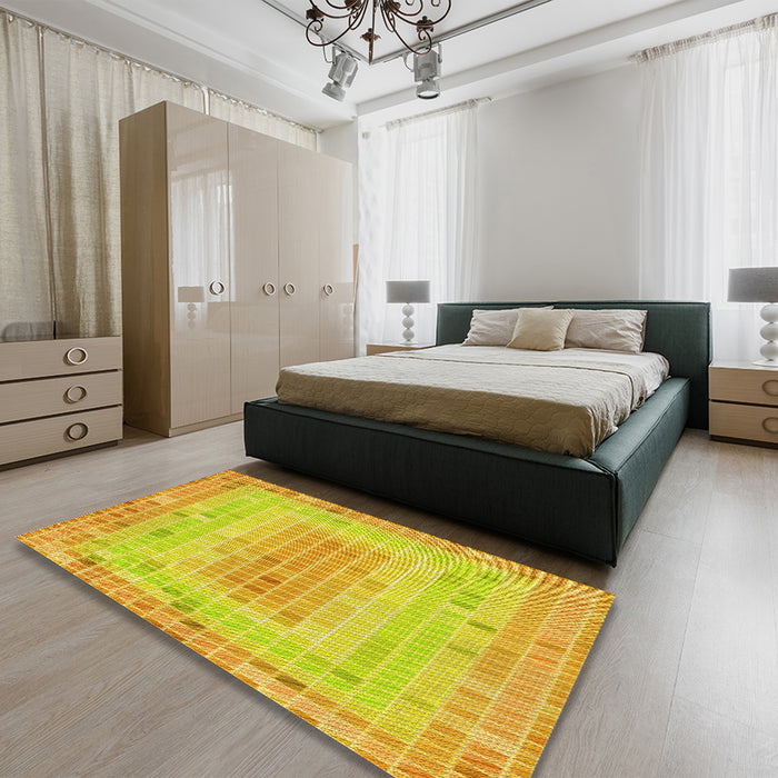 Patterned Neon Yellow Green Rug in a Bedroom, pat2590yw
