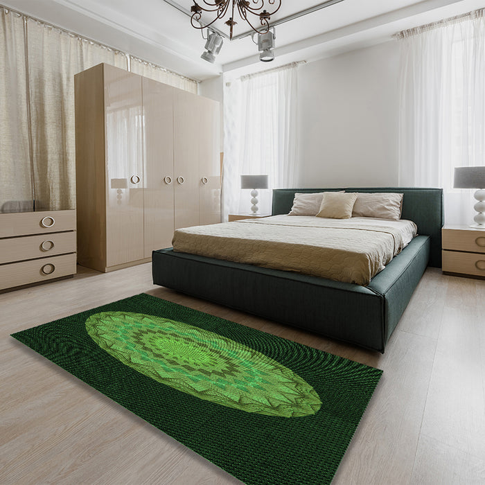Patterned Dark Lime Green Rug in a Bedroom, pat2591grn