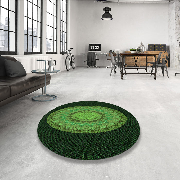 Round Patterned Dark Lime Green Rug in a Office, pat2591grn