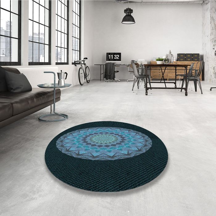 Round Patterned Glacial Blue Ice Blue Rug in a Office, pat2591lblu