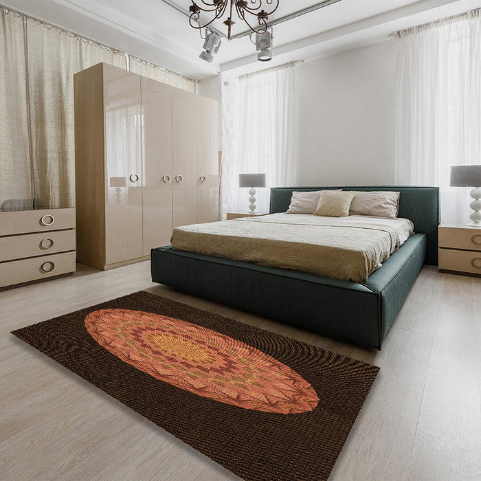 Patterned Mahogany Brown Rug in a Bedroom, pat2591org