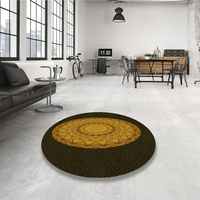 Round Patterned Black Brown Rug in a Office, pat2591yw