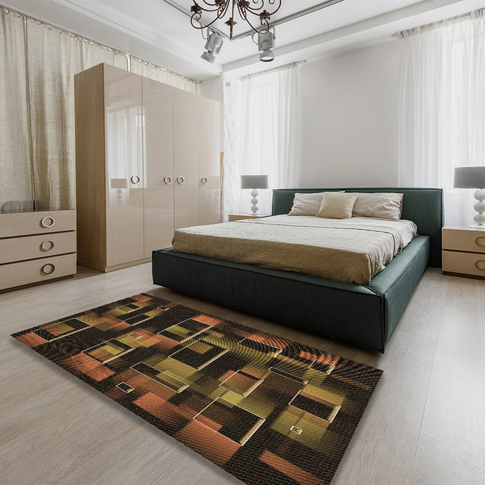 Patterned Saddle Brown Rug in a Bedroom, pat2596brn