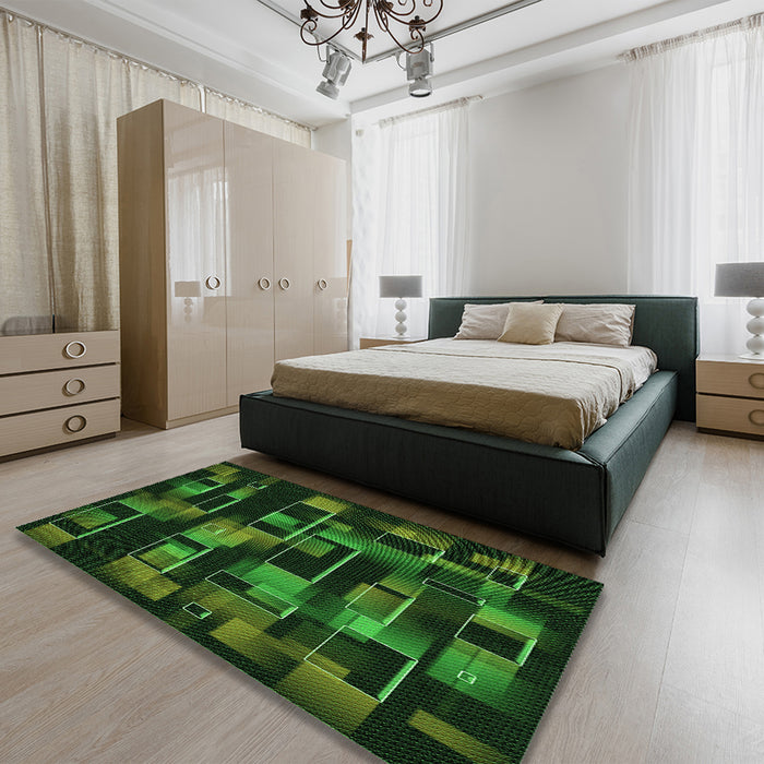 Patterned Dark Lime Green Rug in a Bedroom, pat2596grn
