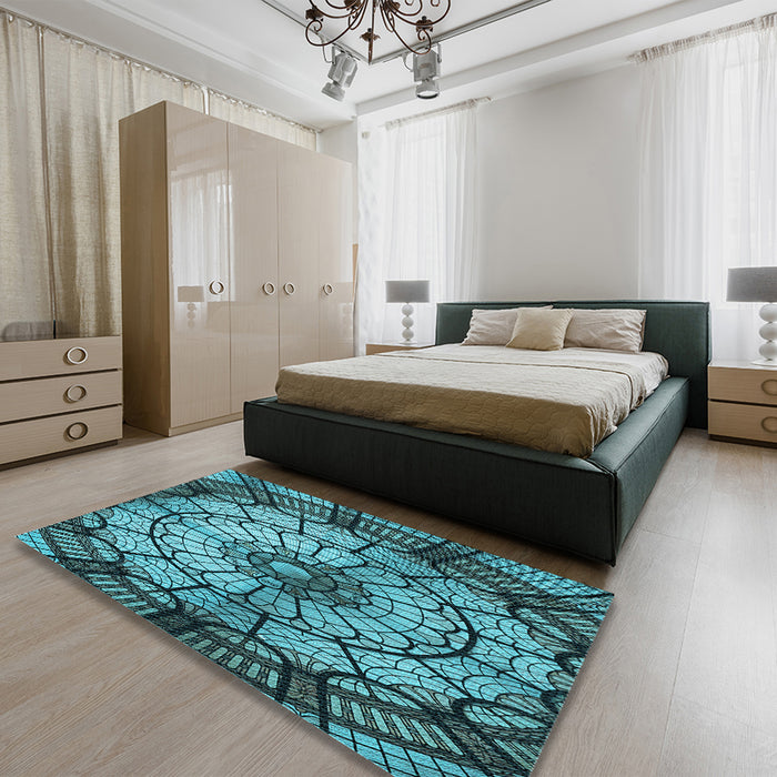 Patterned Deep-Sea Blue Rug in a Bedroom, pat2599lblu