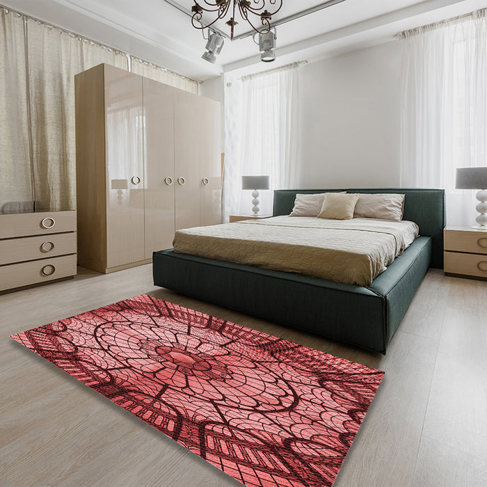 Patterned Saffron Red Rug in a Bedroom, pat2599rd