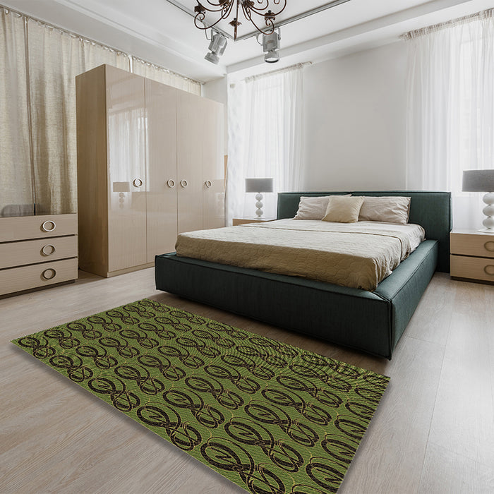 Patterned Olive Green Rug in a Bedroom, pat26brn